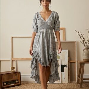 NWT- Young Threads -Grey High-Low V-Neck Ruffle Dress by